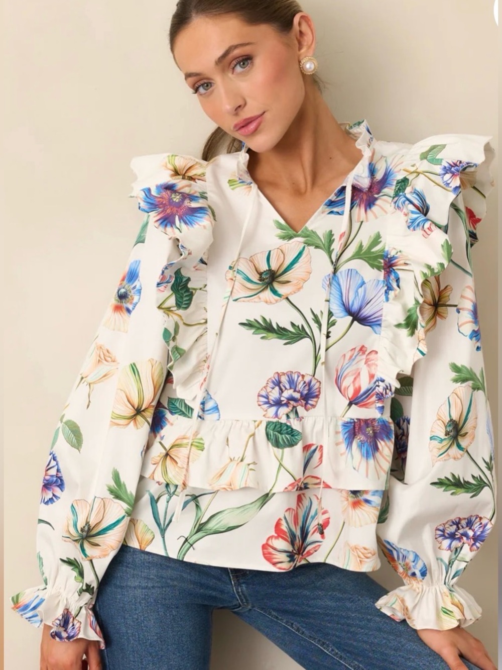 PROSPERINA FAYE IVORY MULTI FLORAL PRINT COTTON RUFFLE TOP size Med NWT